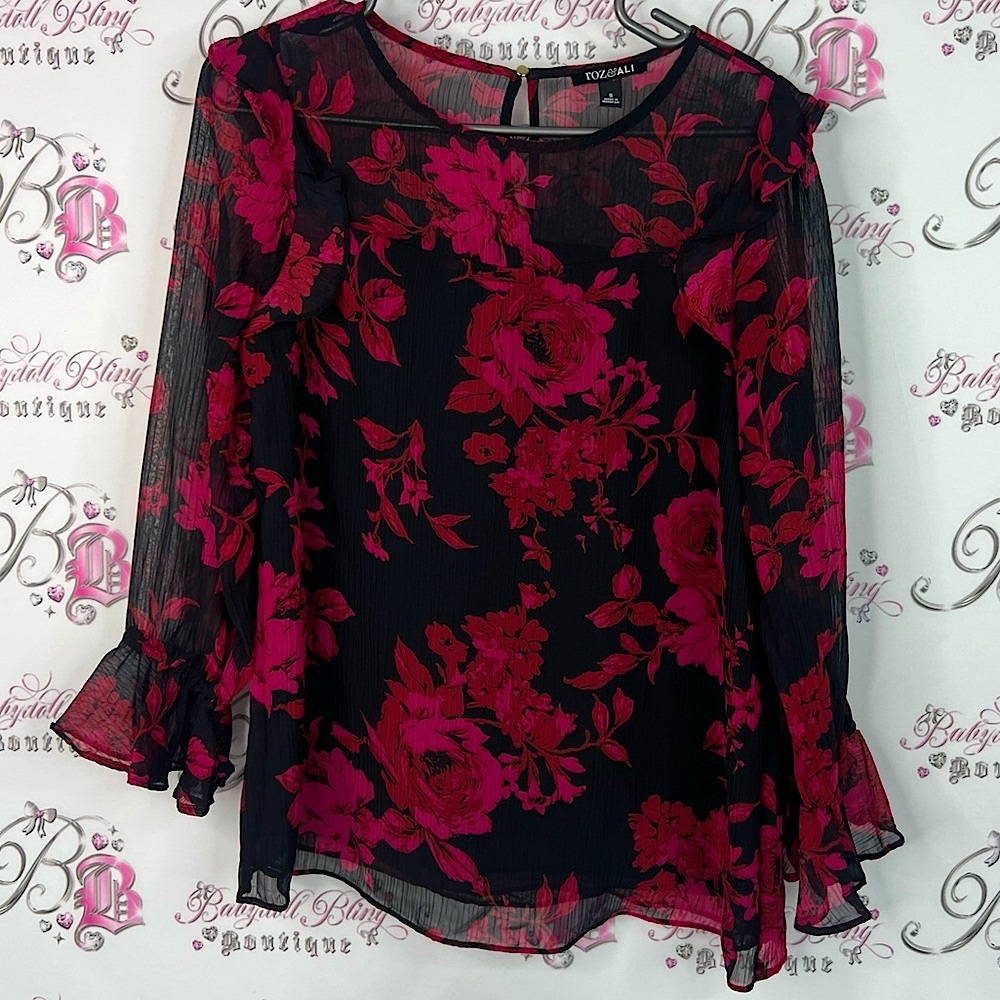 Roz & Ali blouse ruffle flowers red Black Blouse with Pink Floral Design